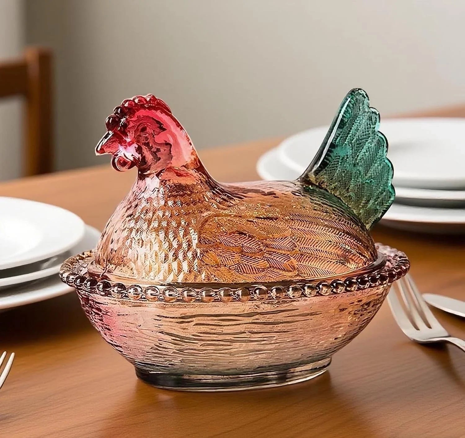 Glass Hen on Nest Candy Dish with Lid,Large Pedestal Unique Candy Bowl for Snack