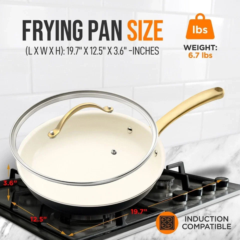 Nutrichef 12'' Large Fry Pan w/ Lid- Non-stick Silicone Handle NCHGLDX12