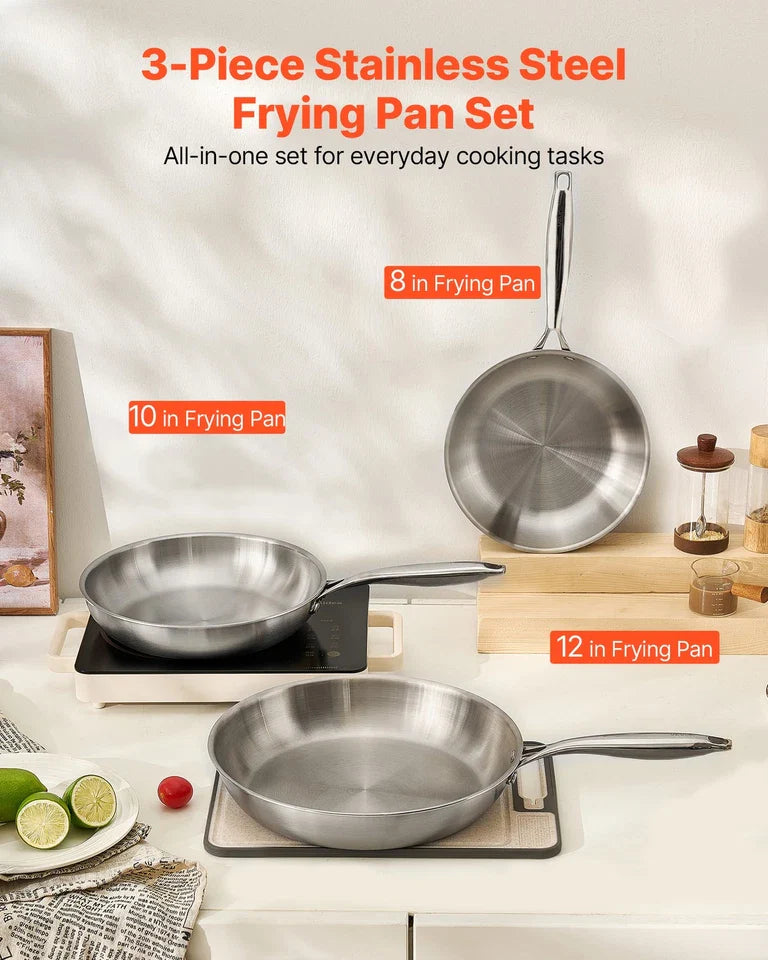 VEVOR Triply Stainless Steel Frying Pan 3 Pcs Skillet 8 10 12" Dishwasher Silver