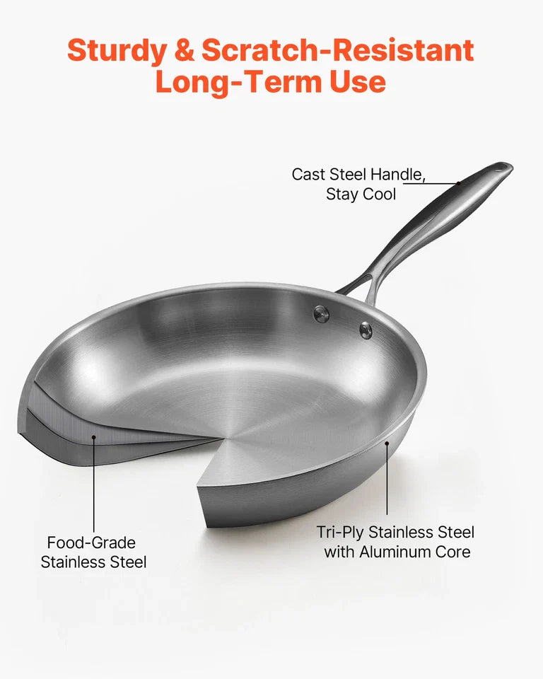 VEVOR Triply Stainless Steel Frying Pan 3 Pcs Skillet 8 10 12" Dishwasher Silver