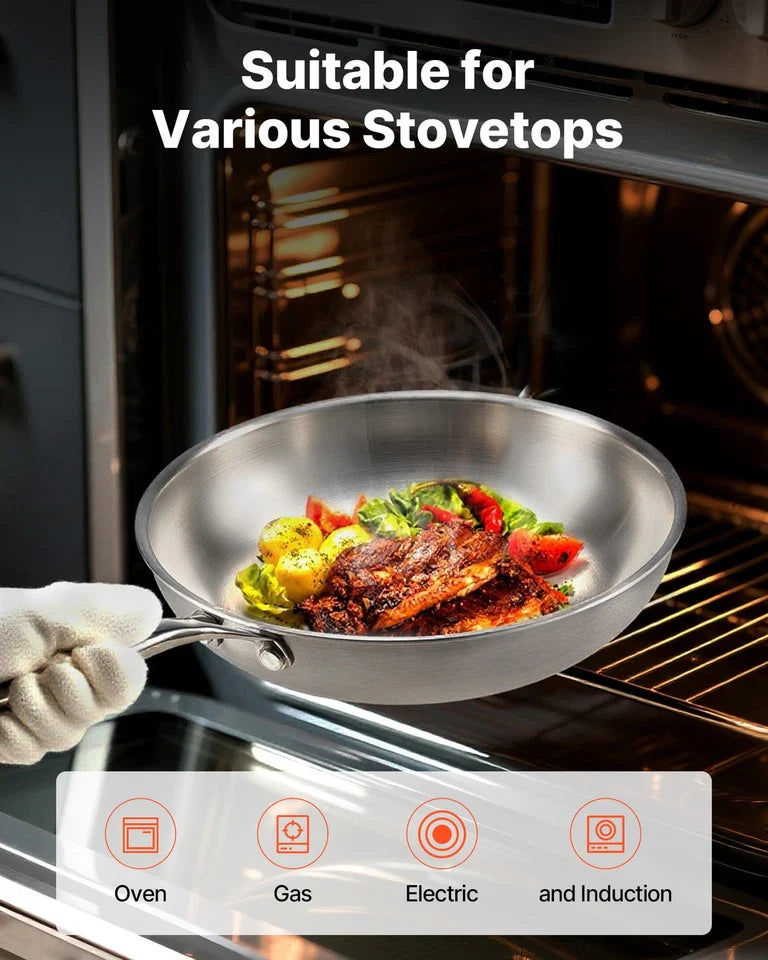 VEVOR Triply Stainless Steel Frying Pan 3 Pcs Skillet 8 10 12" Dishwasher Silver